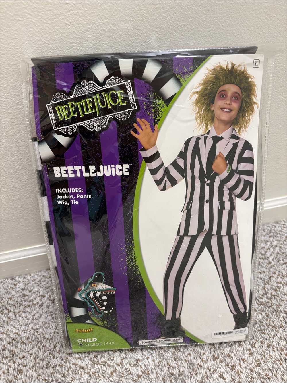 Spirit Halloween Beetle juice costume kids XL 14-16 NEW